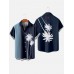 Retro LightSkyBlue & Navy Stitching Coconut Trees Printing Men's Short Sleeve Shirt